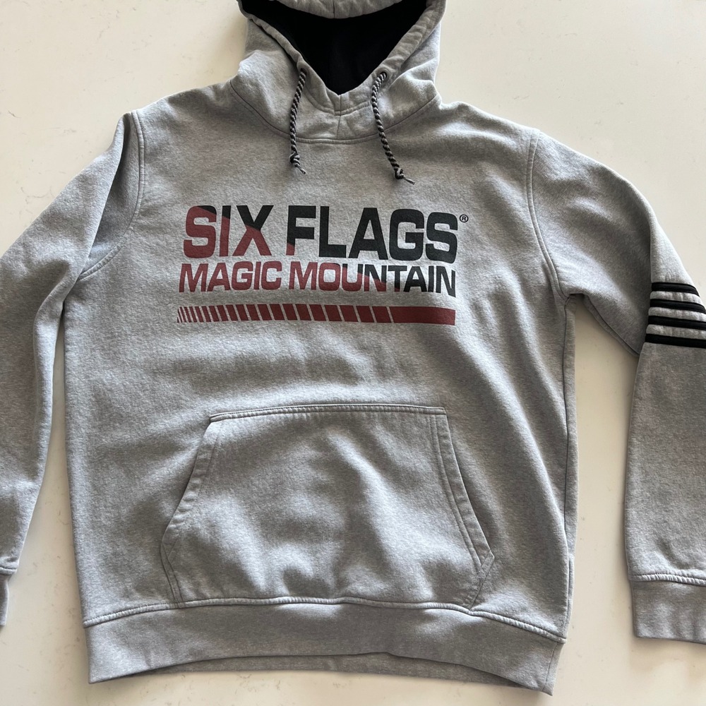 Six Flags Magic Mountain Hoodie Mens Large Gray Souvenir Pullover Sweatshirt L